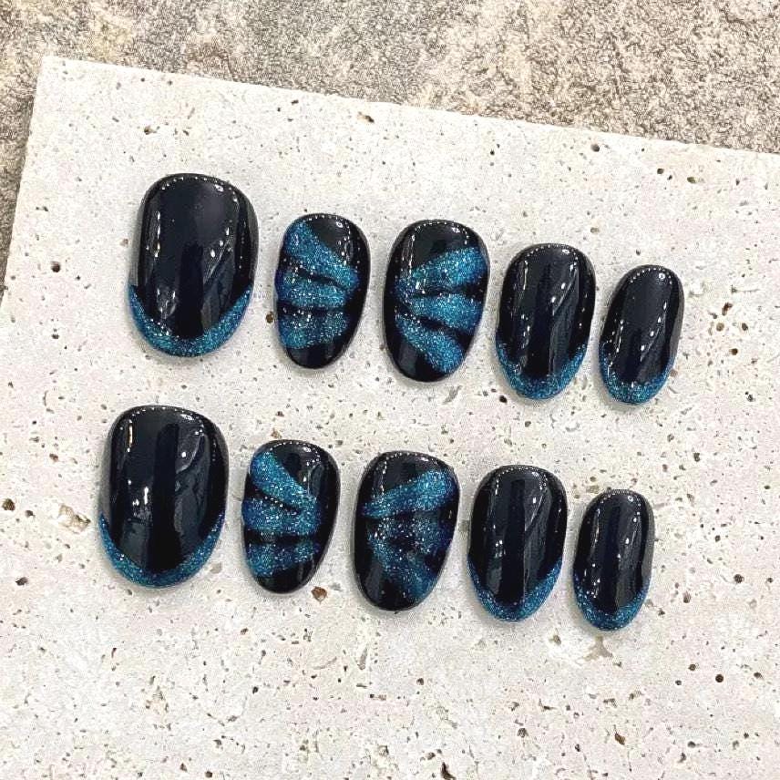Handmade Short Black Press On Nails: Shimmer Butterfuly False Nails Almond Fake Nails