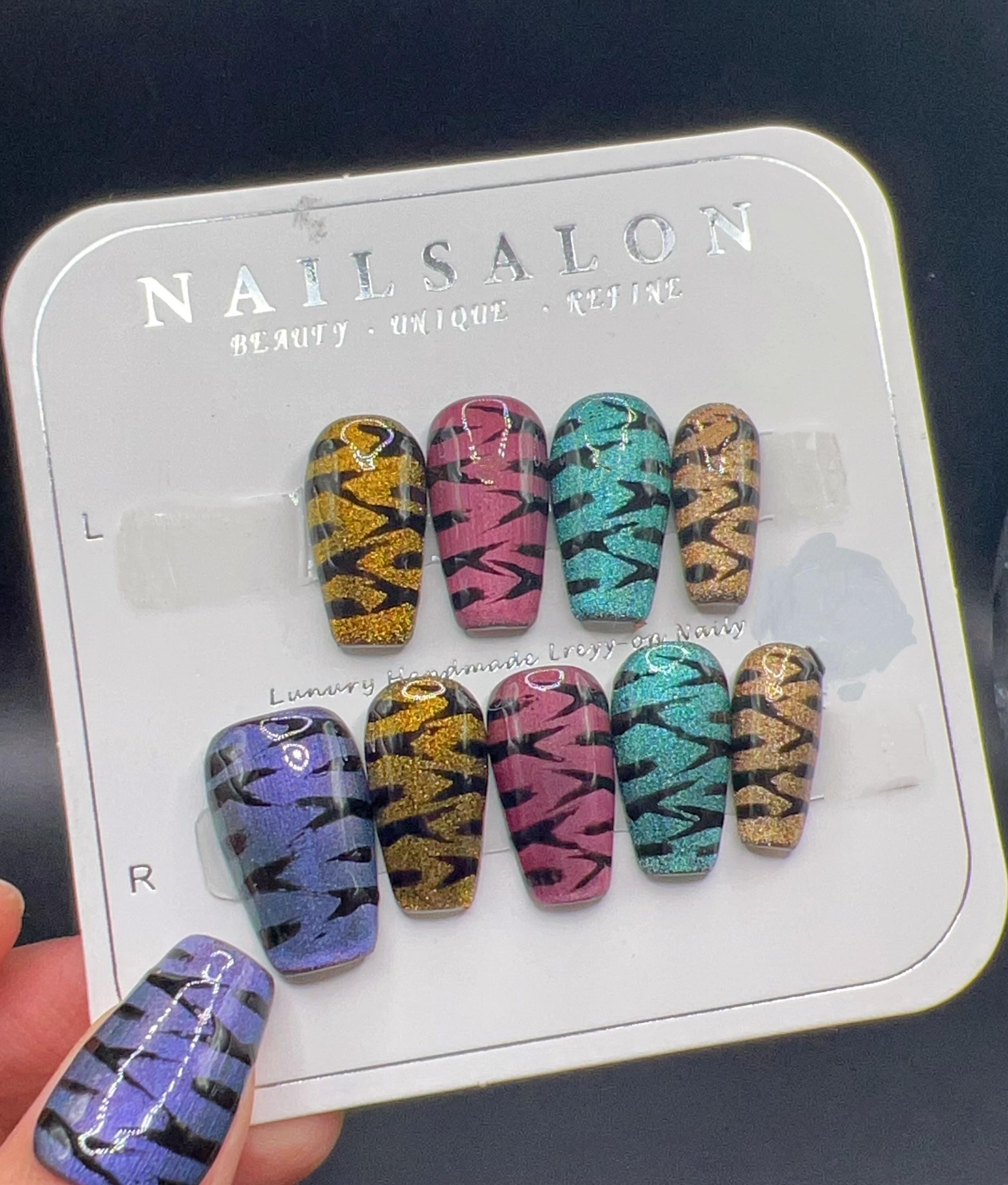 Medium Glossy Stripe Press On Nails: Multi-Color Coffin False Nails