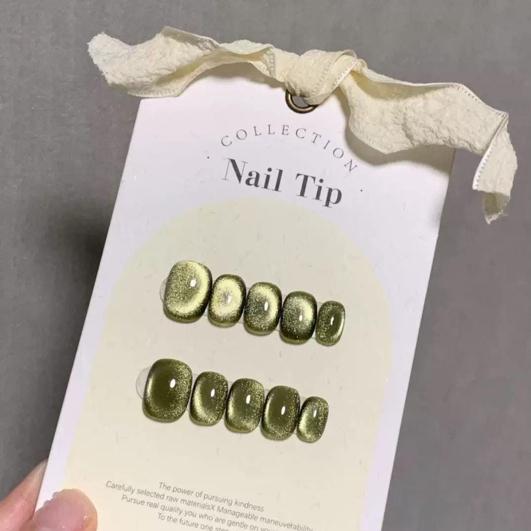 Green Cat Eye Press On Nails – Short Square False Nails, Shimmer Party Set