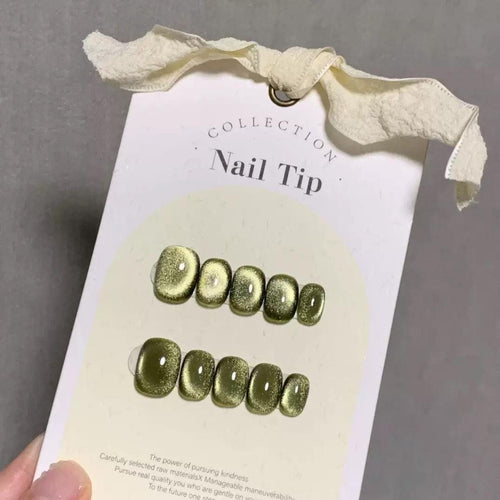 Green Cat Eye Press On Nails – Short Square False Nails, Shimmer Party Set