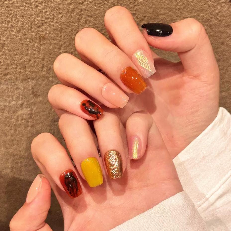 Handmade Square Multi-Color Press On Nails: 3D Reusable, Party, Holiday False Nails, Valentine, Birthday Gift