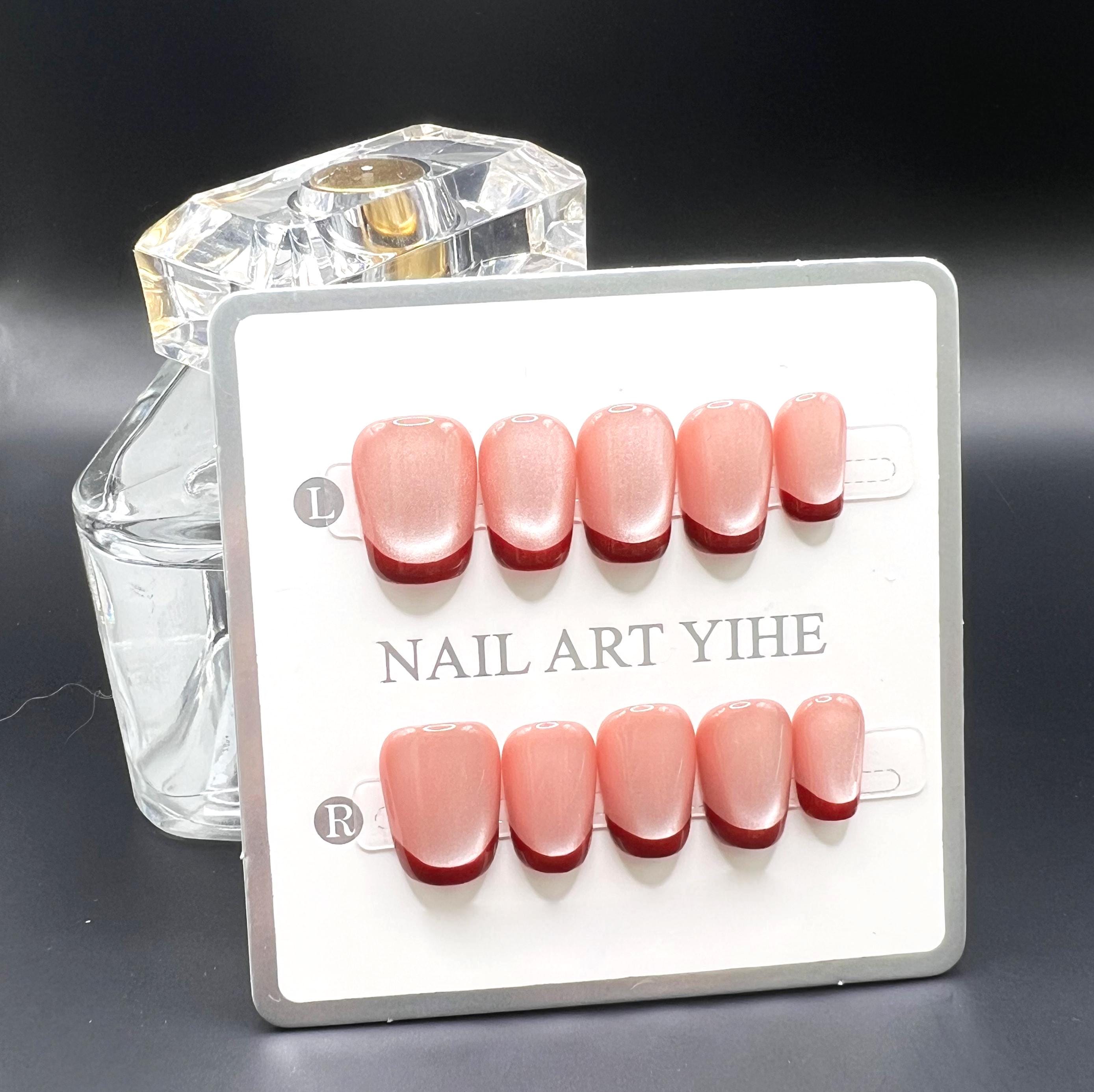 Handmade Red French Tip Cat Eye Press On Nails – Short Reusable Holiday False Nail Set