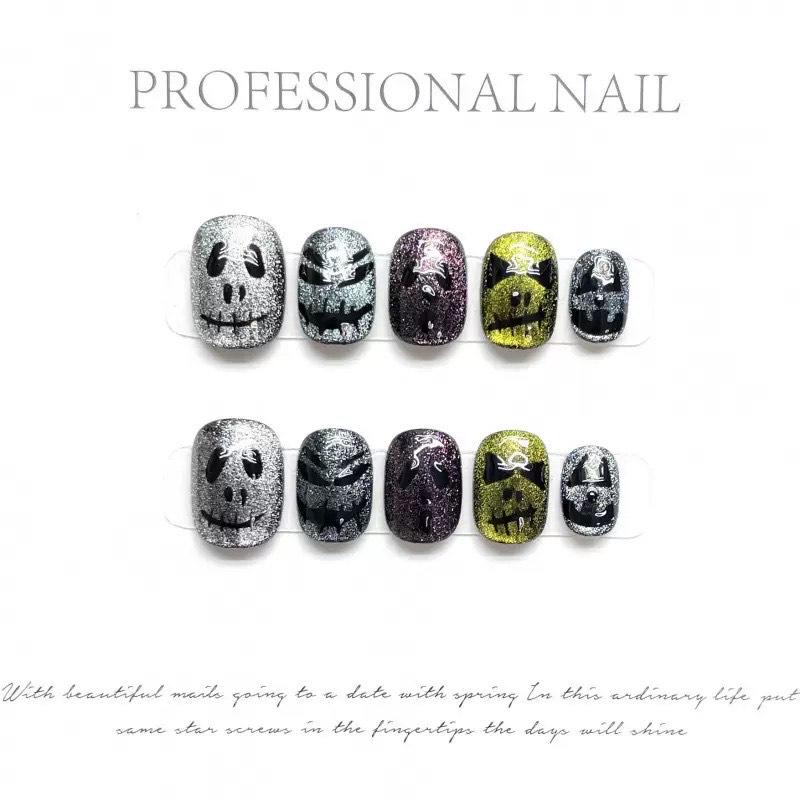 Short Ghost Face Press On Nails – Shimmer Gothic Acrylic Nails, Handmade Horror False Nail Set