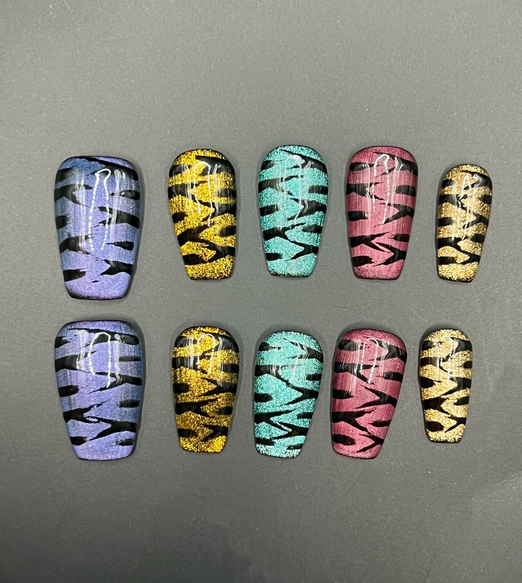 Medium Glossy Stripe Press On Nails: Multi-Color Coffin False Nails