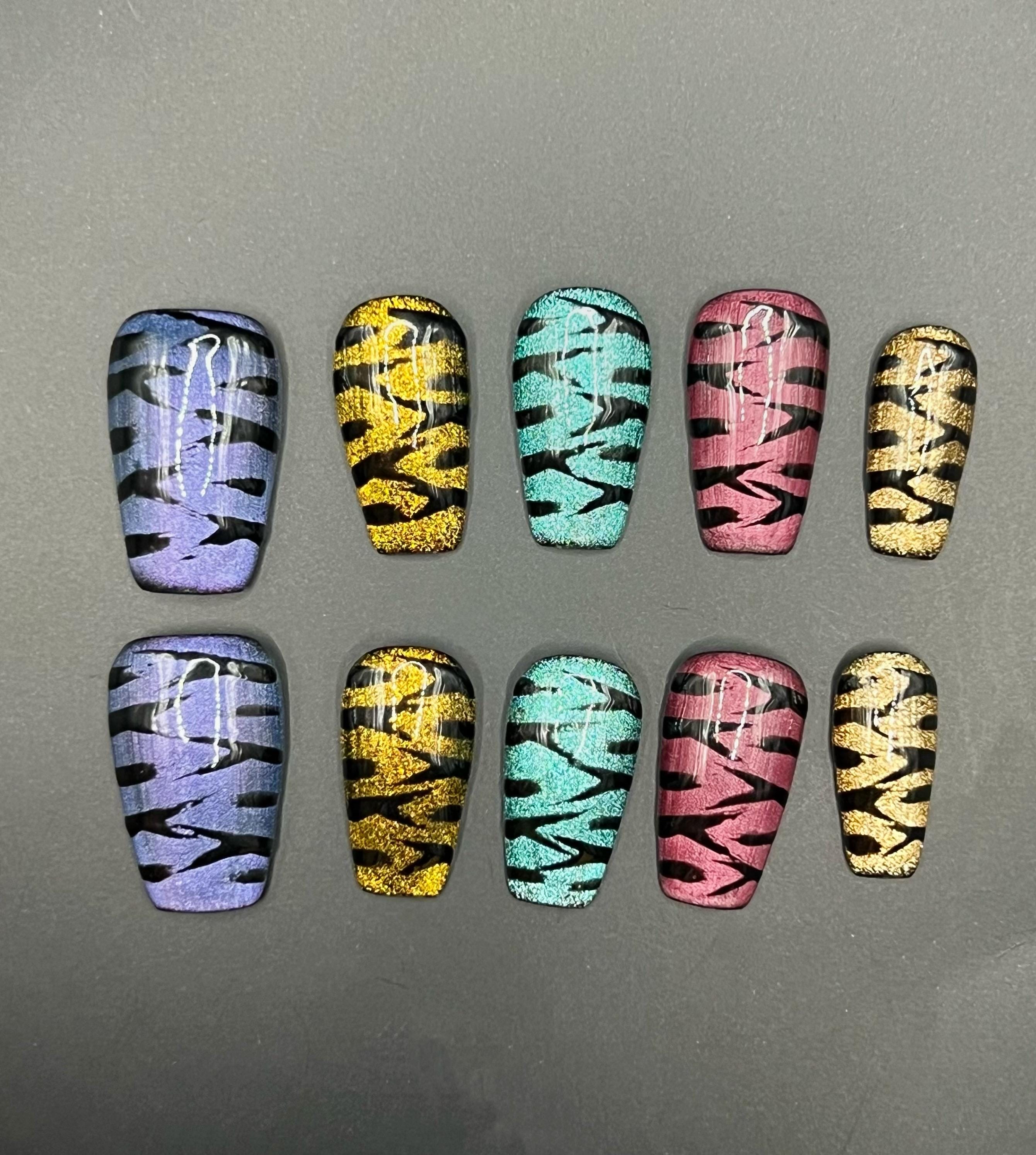 Medium Glossy Stripe Press On Nails: Multi-Color Coffin False Nails