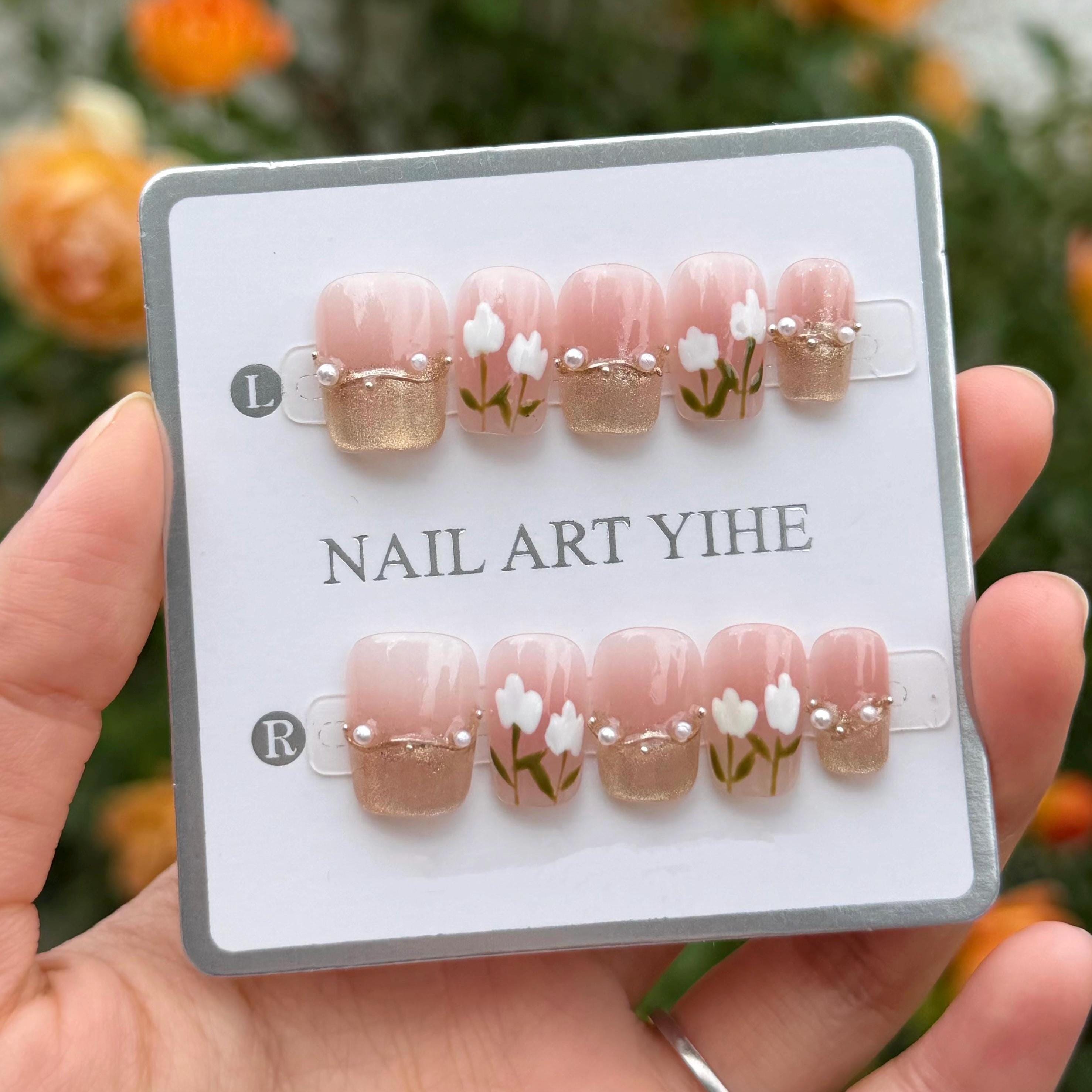 3D Floral Press On Nails: Soft Pink, Gold French Tips, Pearl Accents