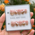 3D Floral Press On Nails: Soft Pink, Gold French Tips, Pearl Accents