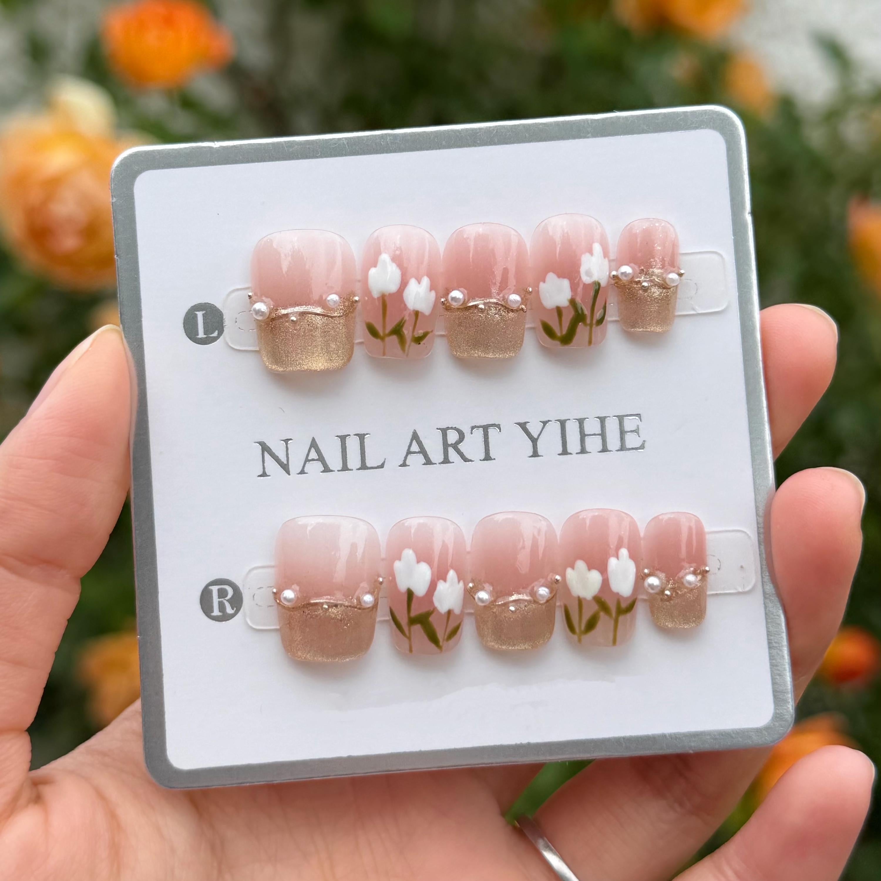 3D Floral Press On Nails: Soft Pink, Gold French Tips, Pearl Accents