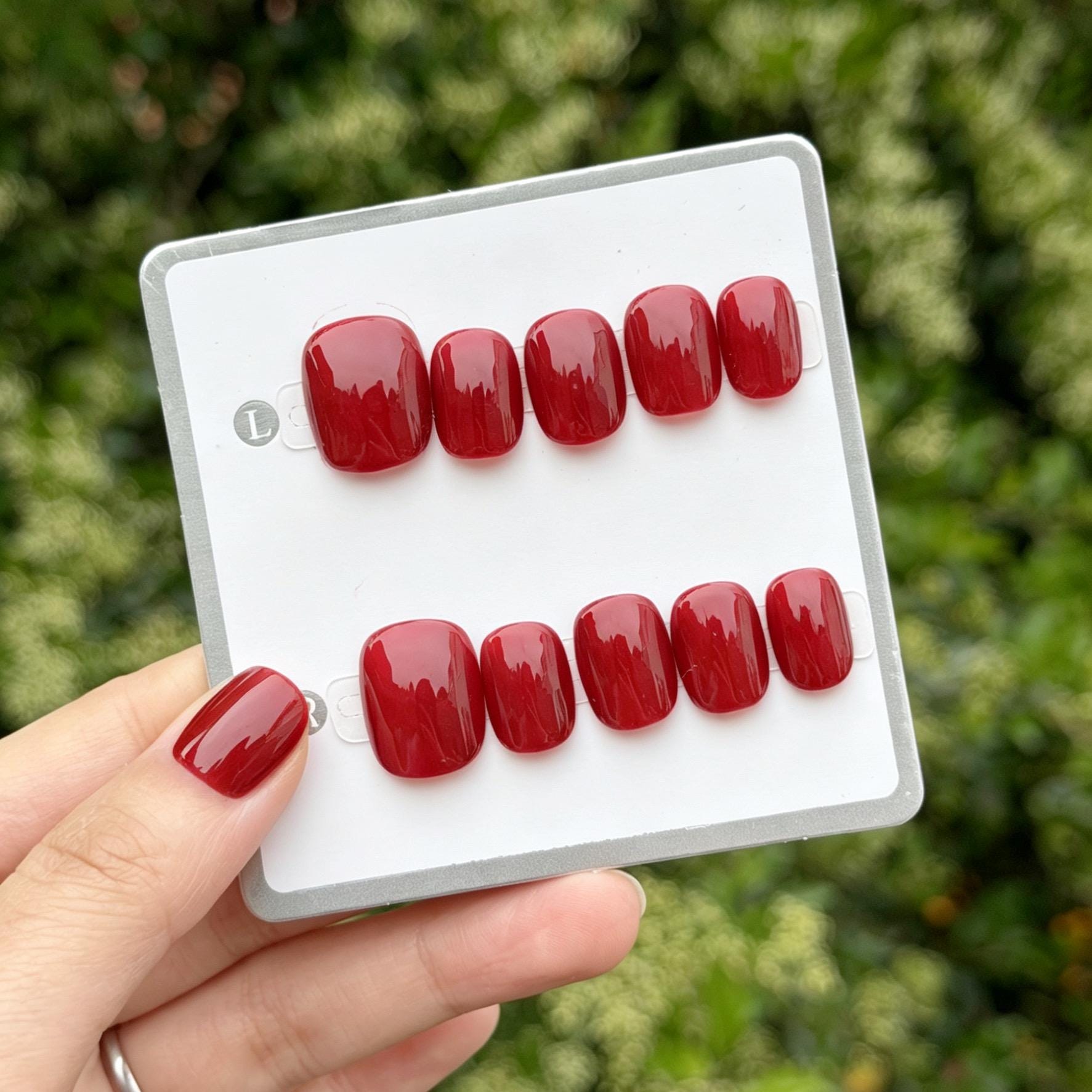 Handmade Red Press On Nails: Short Square Glossy Nails for Holiday, Party, Daily, Bridal