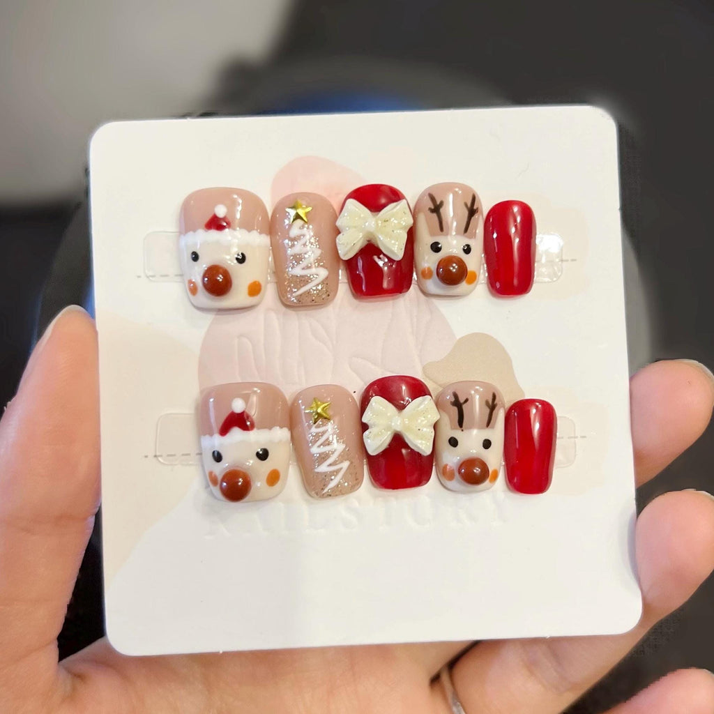 Handmade 3D Christmas Press-On Nails – Short Square Santa & Reindeer False Nail Set, Holiday Nail Art