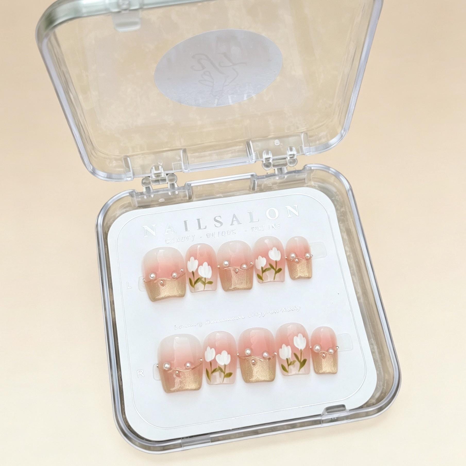 3D Floral Press On Nails: Soft Pink, Gold French Tips, Pearl Accents