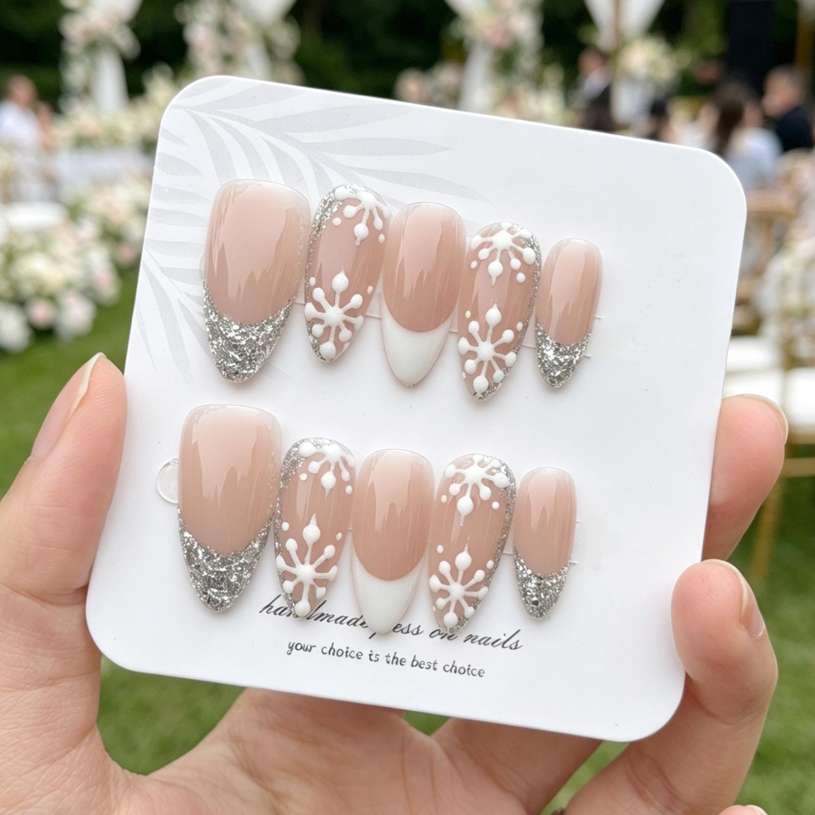 Handmade almond Press On Nails, Nude White Snow Wedding Nails, Silver Glitter French Tip