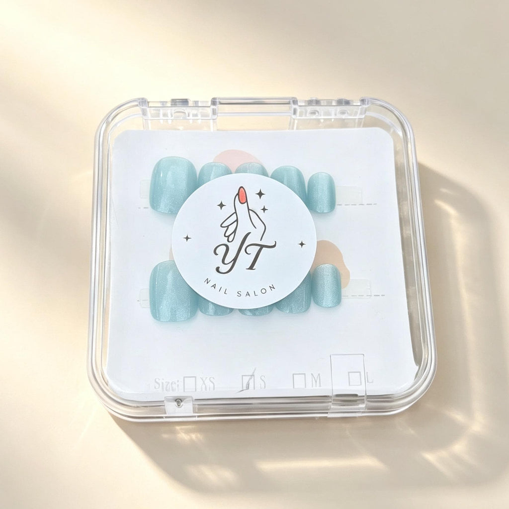 Handmade Cat Eye Press On Nails: Short Blue Reusable Nails with Glue
