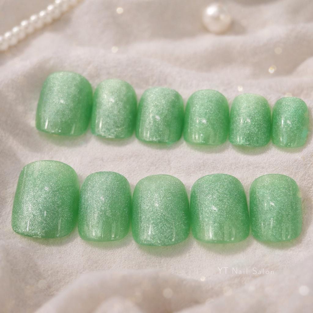 Mint Green Cat Eye Press On Nails: Short Square Shimmer Bridal Party Nails