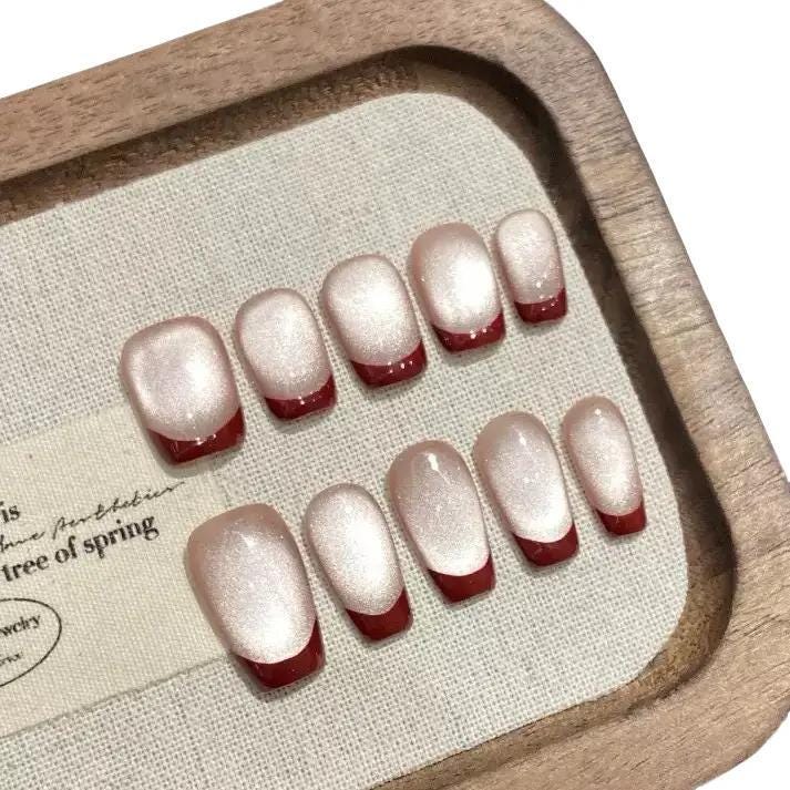 Handmade Red French Tip Cat Eye Press On Nails – Short Reusable Holiday False Nail Set