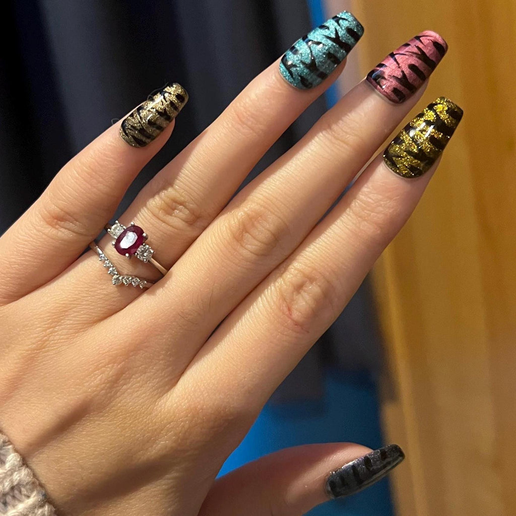 Medium Glossy Stripe Press On Nails: Multi-Color Coffin False Nails
