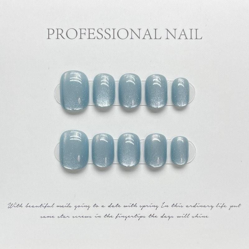 Handmade Cat Eye Press On Nails: Short Blue Reusable Nails with Glue