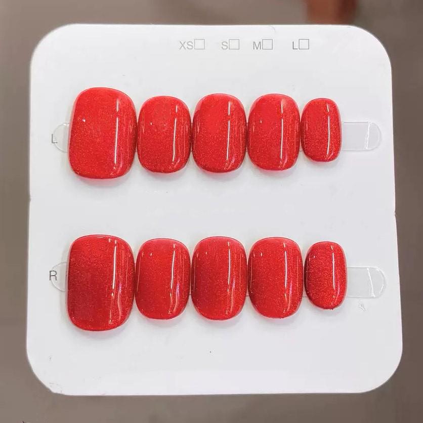 Handmade Red Cat Eye Press On Nails - Short Almond Reusable False Nails