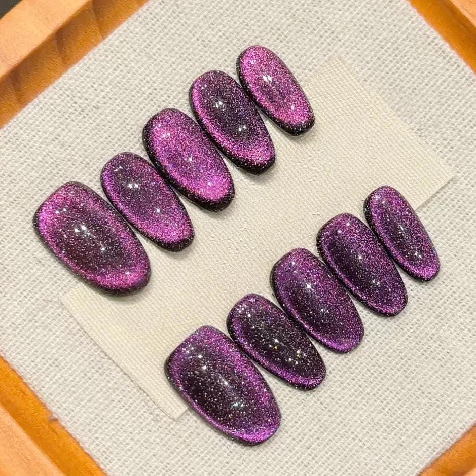 Handmade Purple Cat Eye Coffin Press On Nails – Glitter False Nail Set