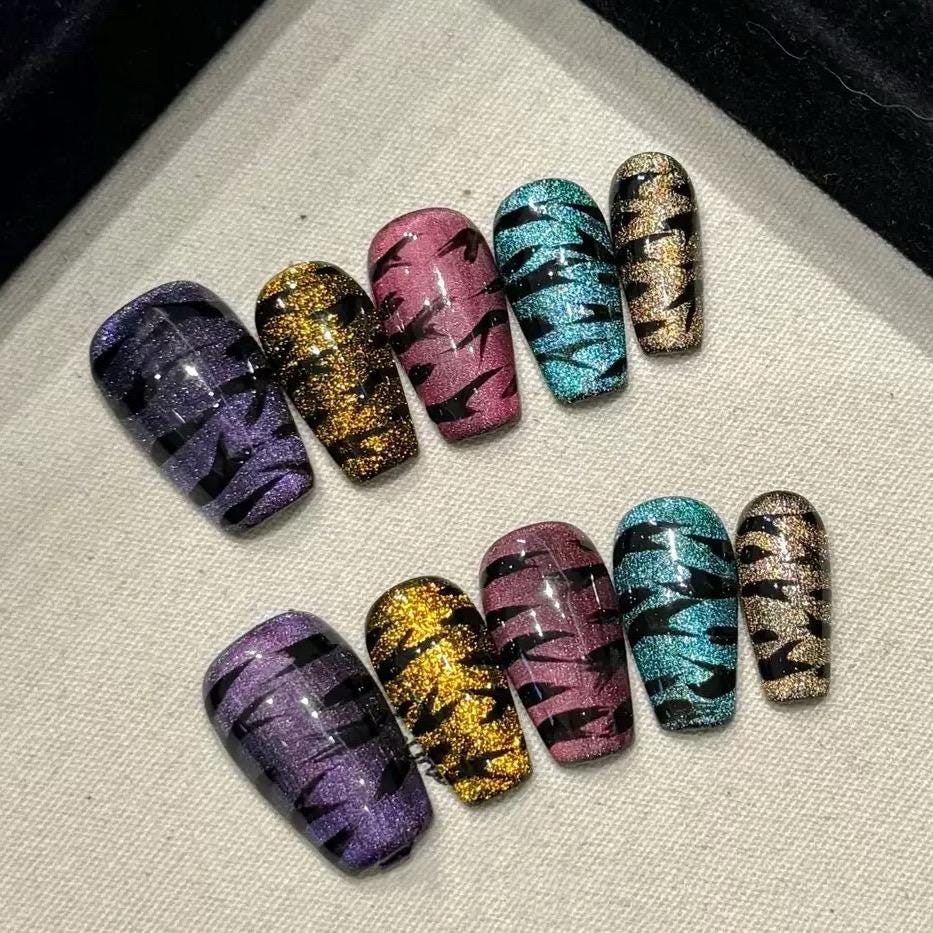 Medium Glossy Stripe Press On Nails: Multi-Color Coffin False Nails