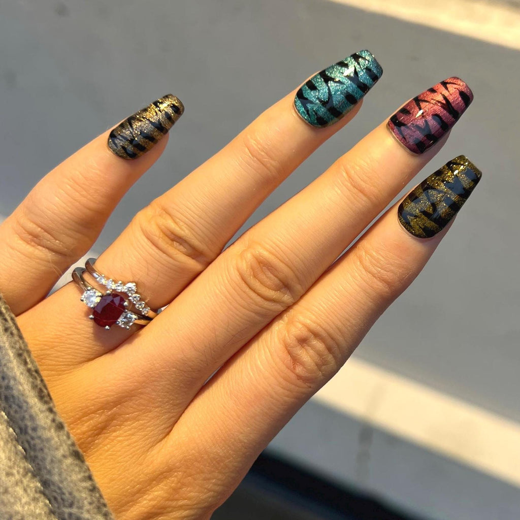 Medium Glossy Stripe Press On Nails: Multi-Color Coffin False Nails