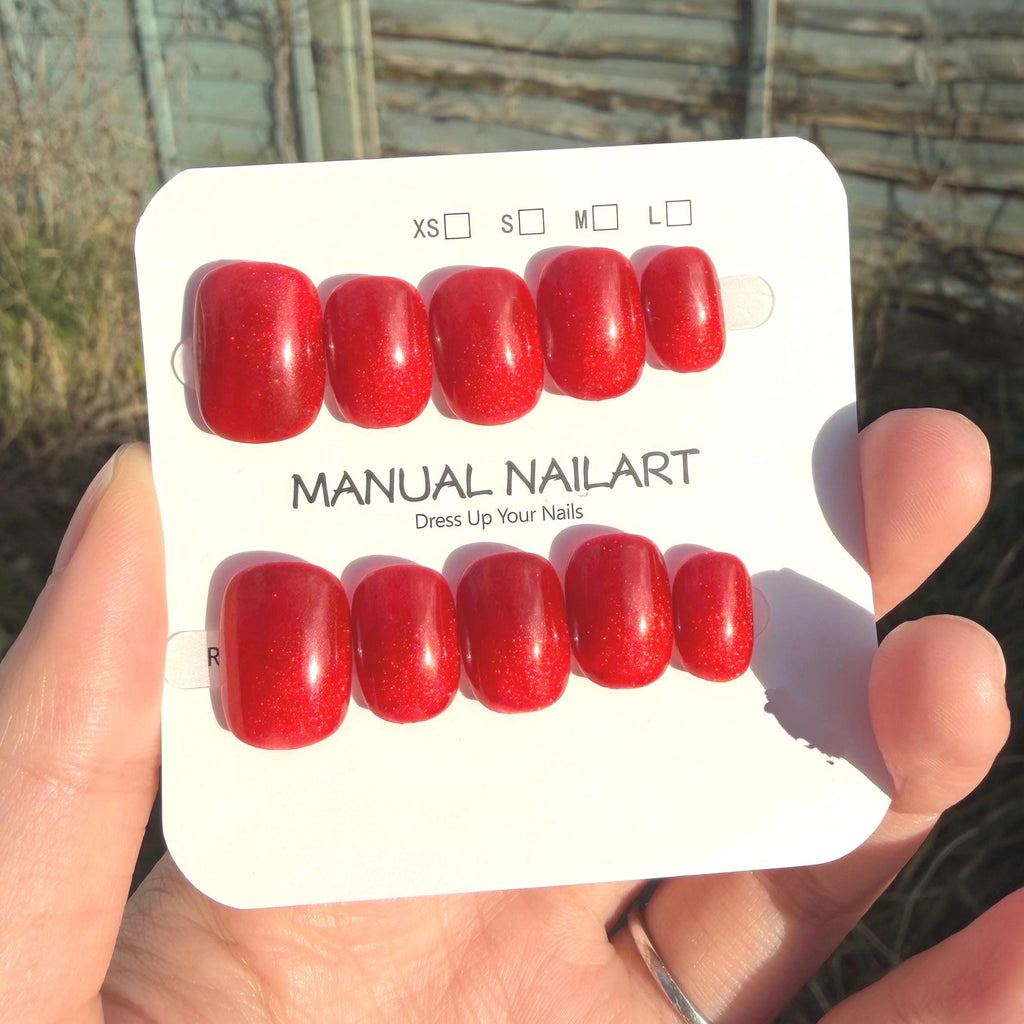 Handmade Red Cat Eye Press On Nails - Short Almond Reusable False Nails