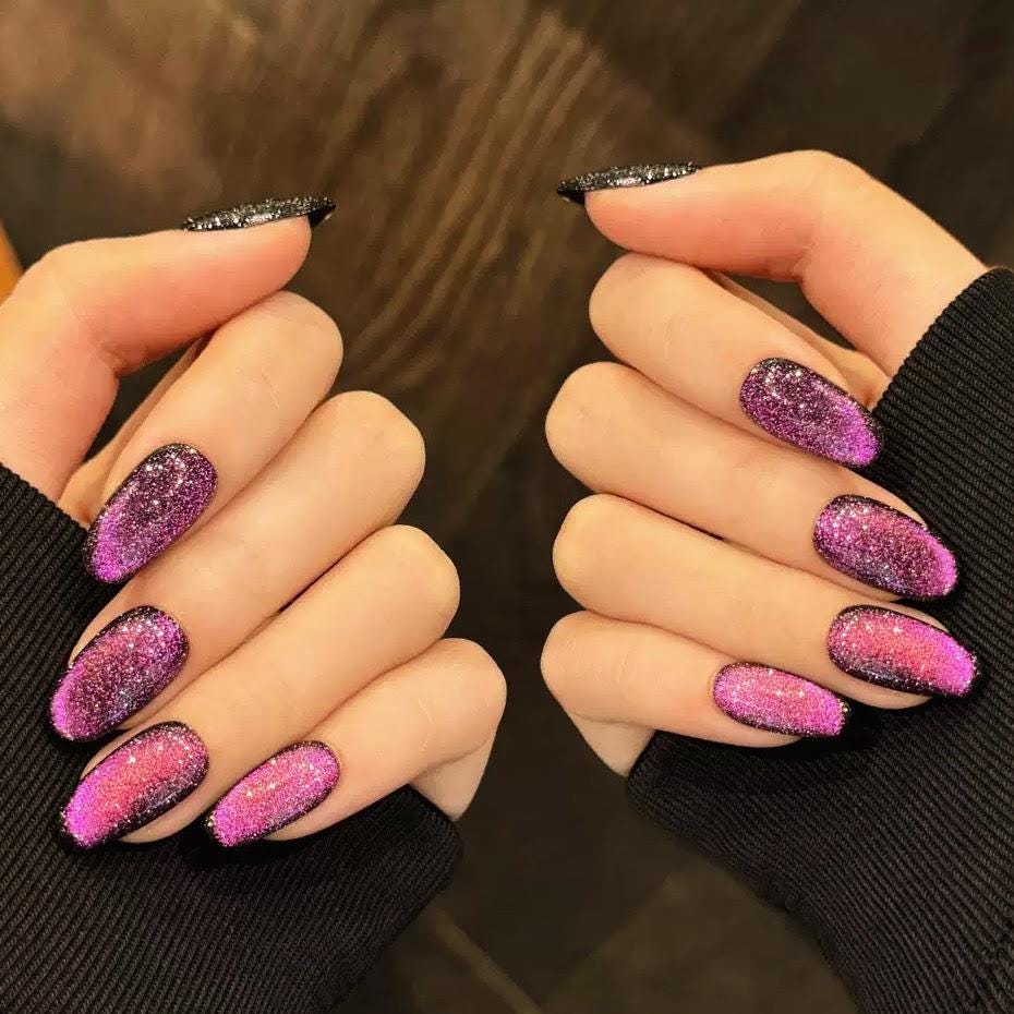 Handmade Purple Cat Eye Coffin Press On Nails – Glitter False Nail Set