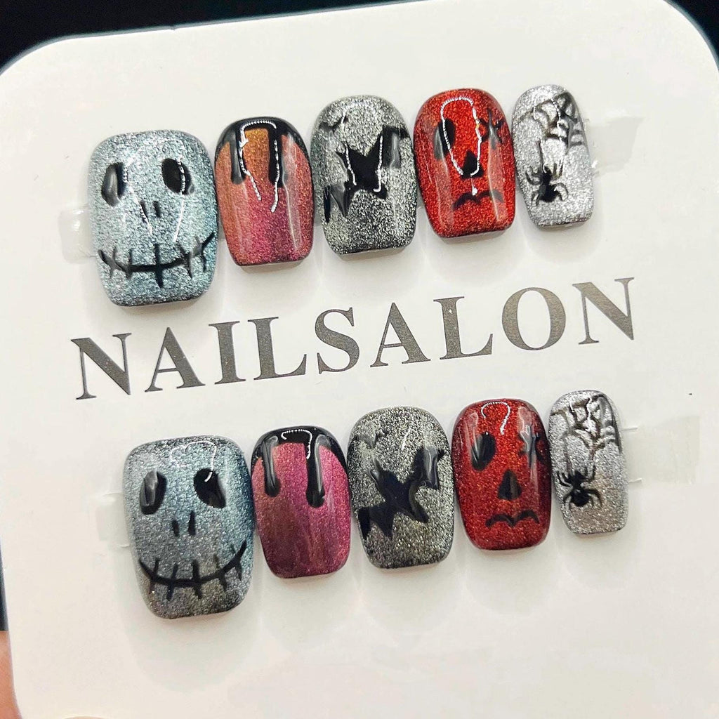 Short Gothic Press On Nails – Handmade Ghost Face False Nails, Horror Fake Nail Set with Glue