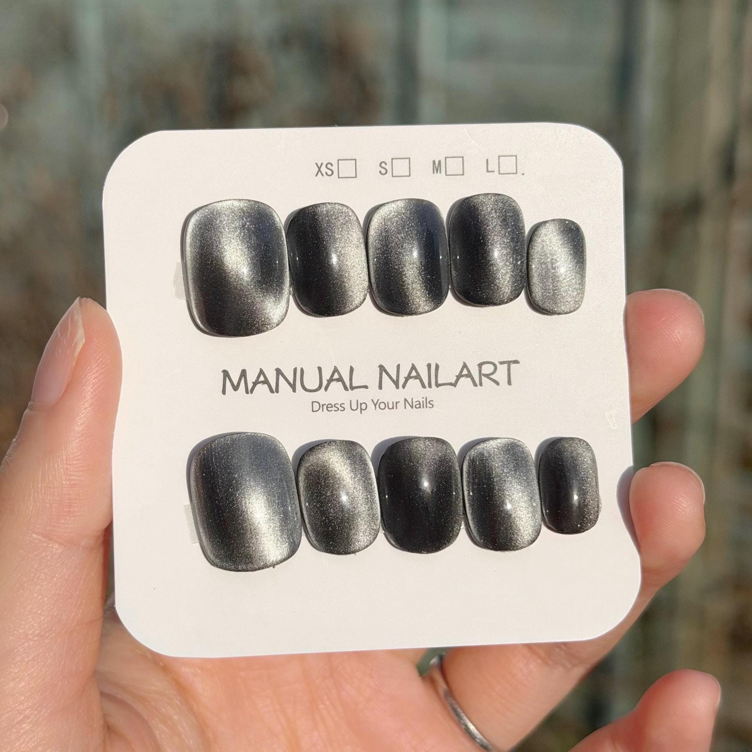 Handmade Steel Color Cat Eye Press On Nails - Short Almond Reusable False Nails