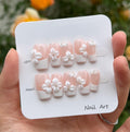 3D White Floral French Tips: Bridal, Wedding Press On Nails with Glue