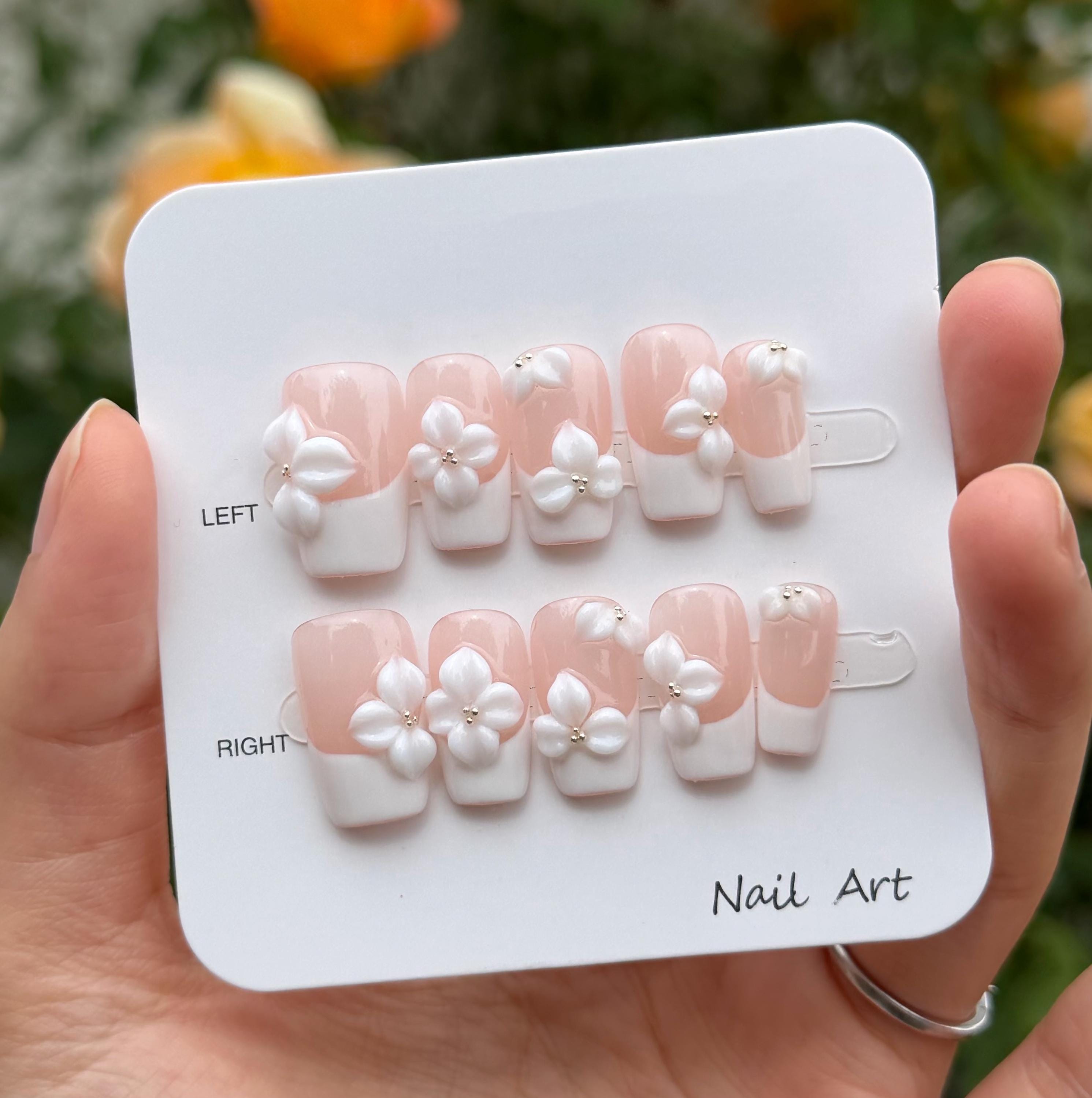3D White Floral French Tips: Bridal, Wedding Press On Nails with Glue