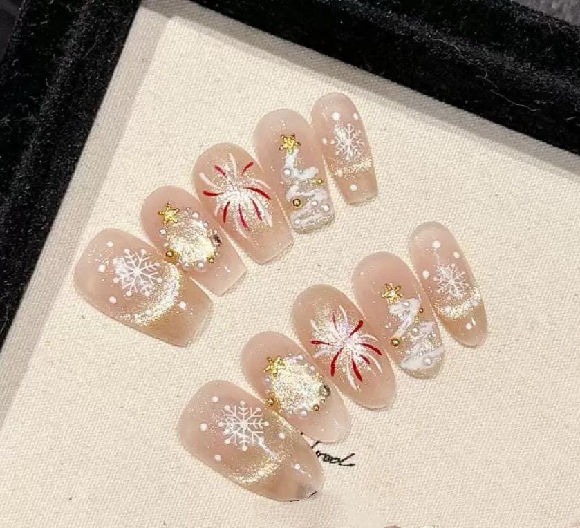 Handmade Luxury Holiday Press-On Nails – Glossy False Nails with Fireworks & Snowflake Designs, Holiday Nail Set