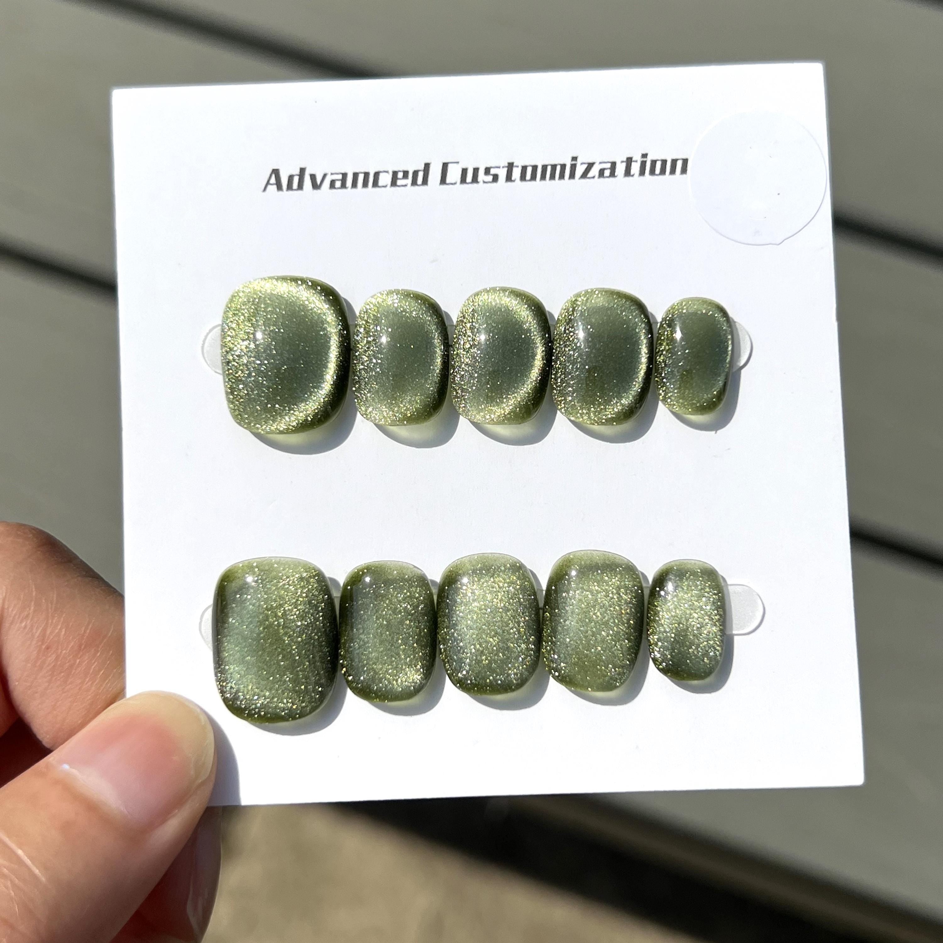 Green Cat Eye Press On Nails – Short Square False Nails, Shimmer Party Set