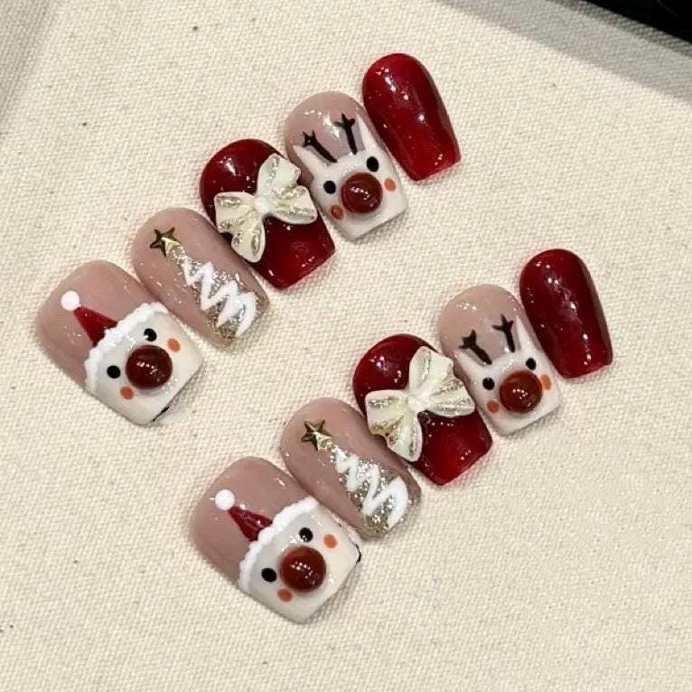 Handmade 3D Christmas Press-On Nails – Short Square Santa & Reindeer False Nail Set, Holiday Nail Art