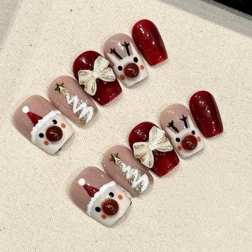 Handmade 3D Christmas Press-On Nails – Short Square Santa & Reindeer False Nail Set, Holiday Nail Art
