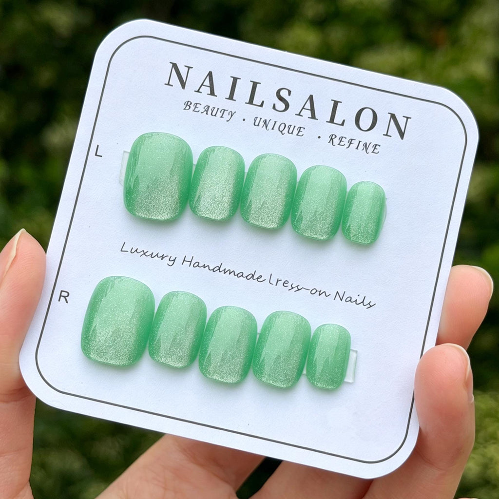 Mint Green Cat Eye Press On Nails: Short Square Shimmer Bridal Party Nails