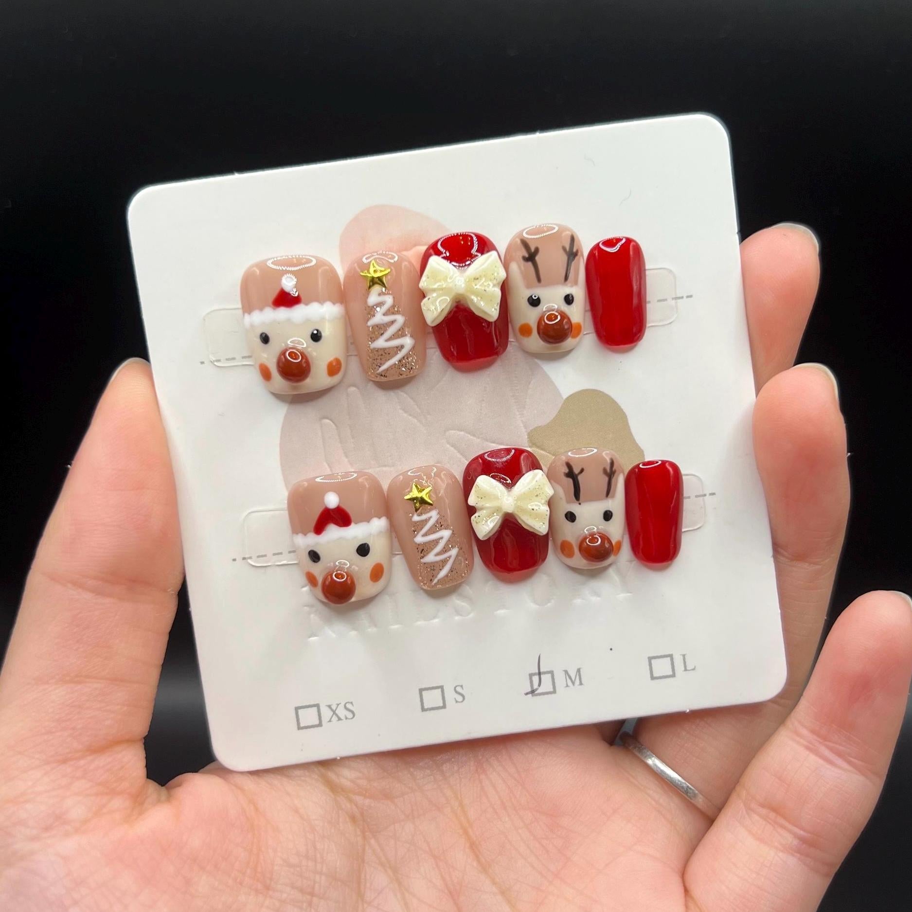 Handmade 3D Christmas Press-On Nails – Short Square Santa & Reindeer False Nail Set, Holiday Nail Art