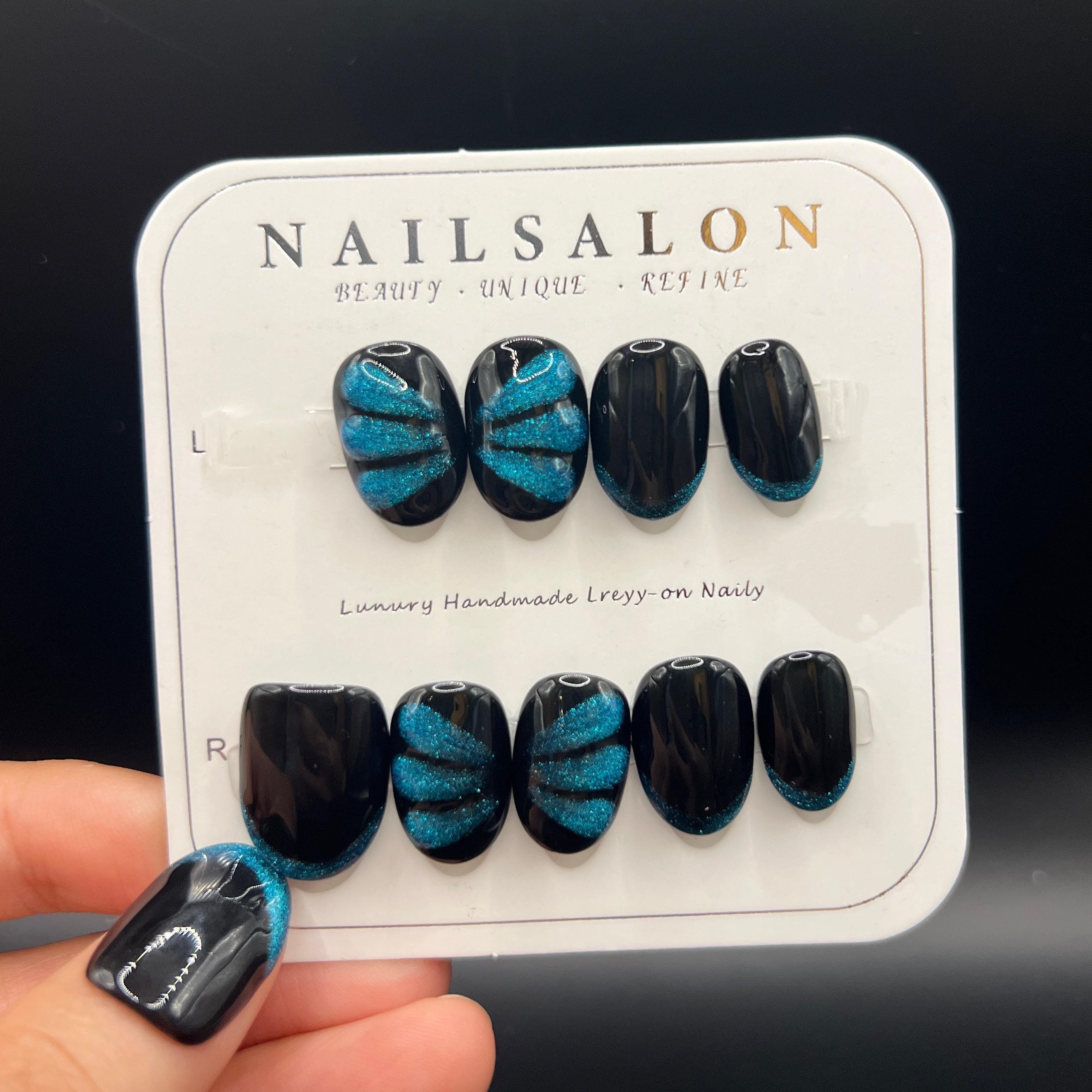 Handmade Short Black Press On Nails: Shimmer Butterfuly False Nails Almond Fake Nails