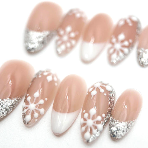 Handmade almond Press On Nails, Nude White Snow Wedding Nails, Silver Glitter French Tip
